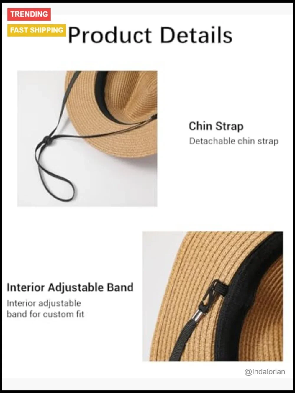 UPF 50+ Packable Sun Straw Fedora Hat with Chin Strap